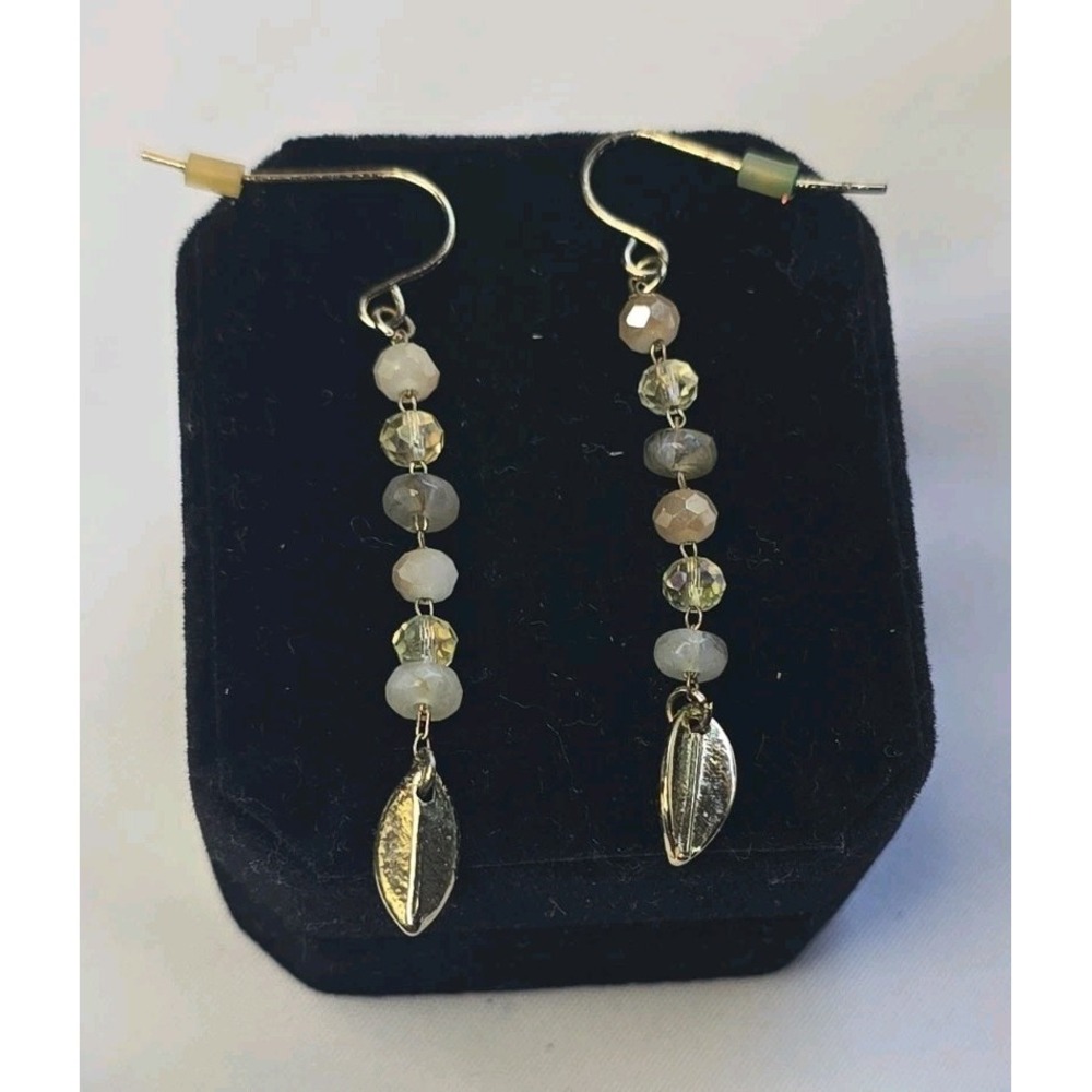 Beaded Dangle Earrings String of Alternating Clear and Opaque Beads Leaf Charm